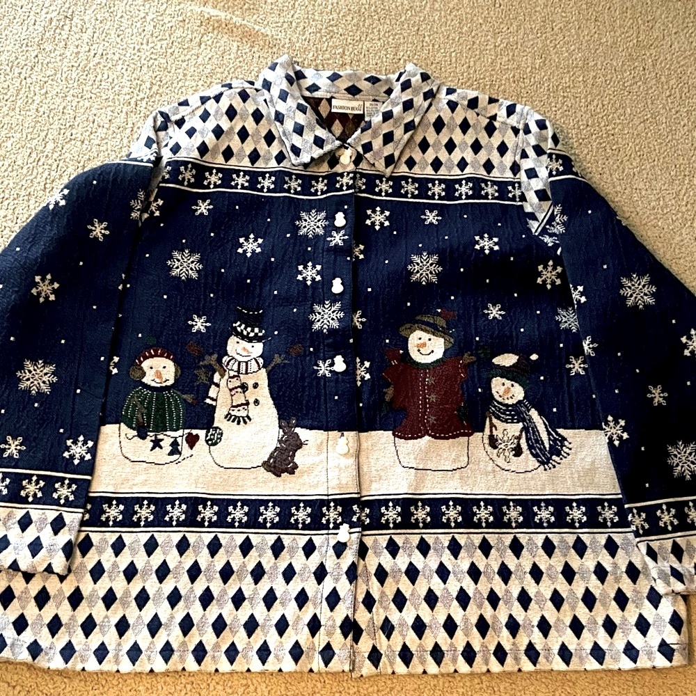 Fashion Bug Blue/White Button Up Collared Tapestry Snowman Jacket size 26/28